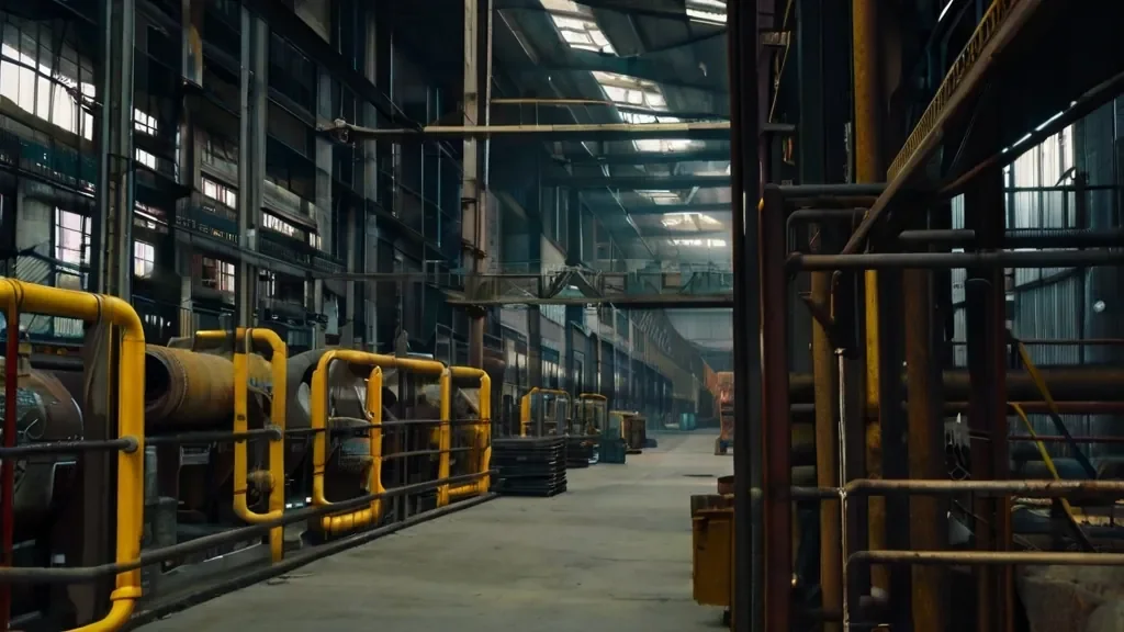 Corredor de galpão industrial com estruturas metálicas amarelas