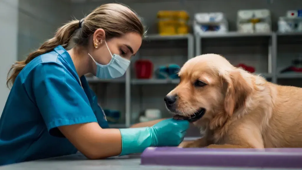 Veterinária de máscara examinando cão sobre mesa de atendimento